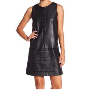 Carmen Marc Valvo Black Leather Laser-Cut Mini Dress